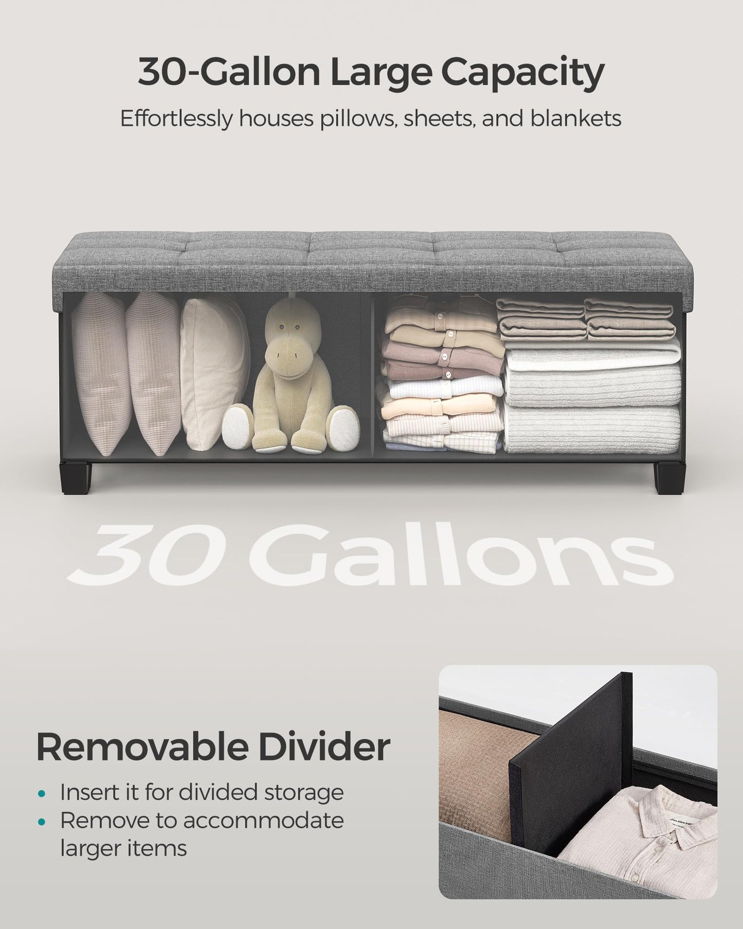 SONGMICS Foldable Storage Ottoman Bench, 15"x43"x15.7"