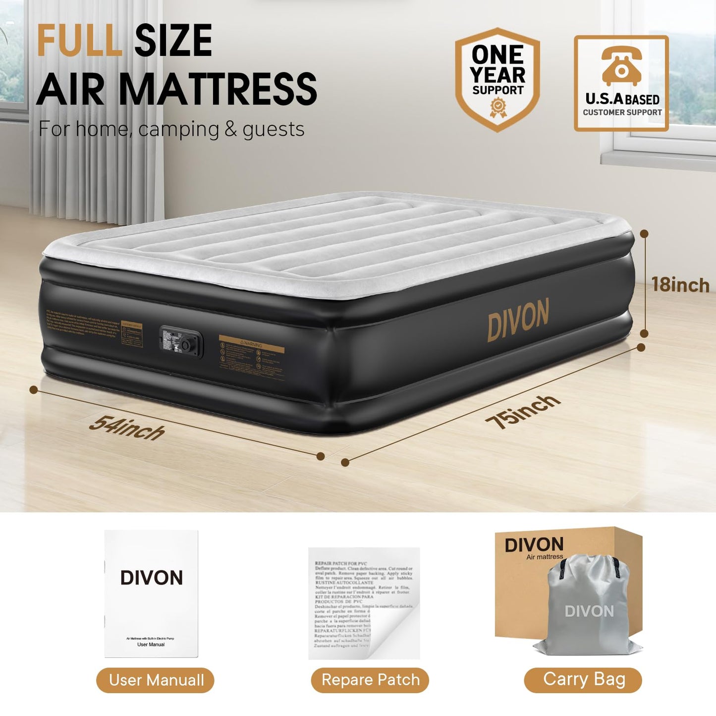 DIVON 18" Queen Air Mattress with Built-In Pump