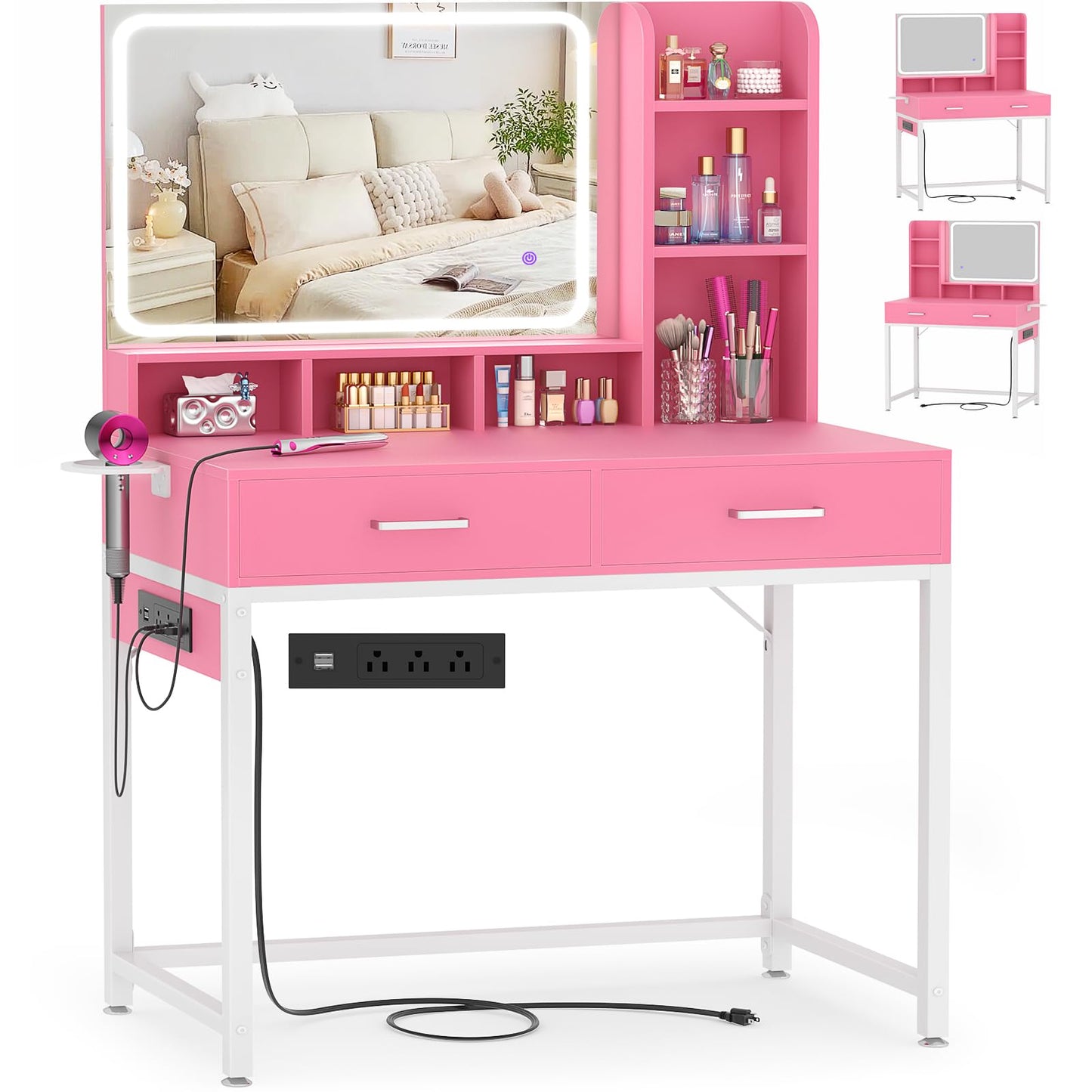 Small Vanity Desk with Mirror, Lights & Storage
