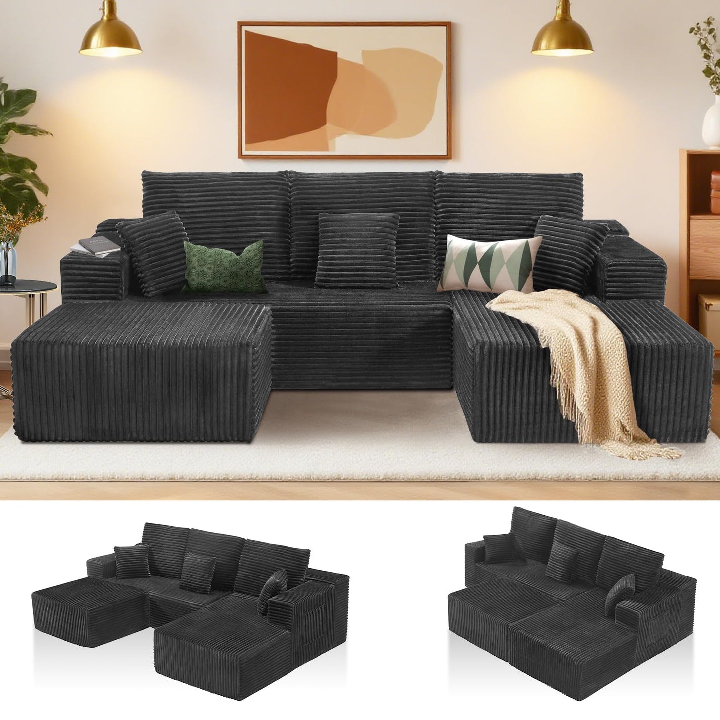 106" L-Shaped Corduroy Sofa – Black