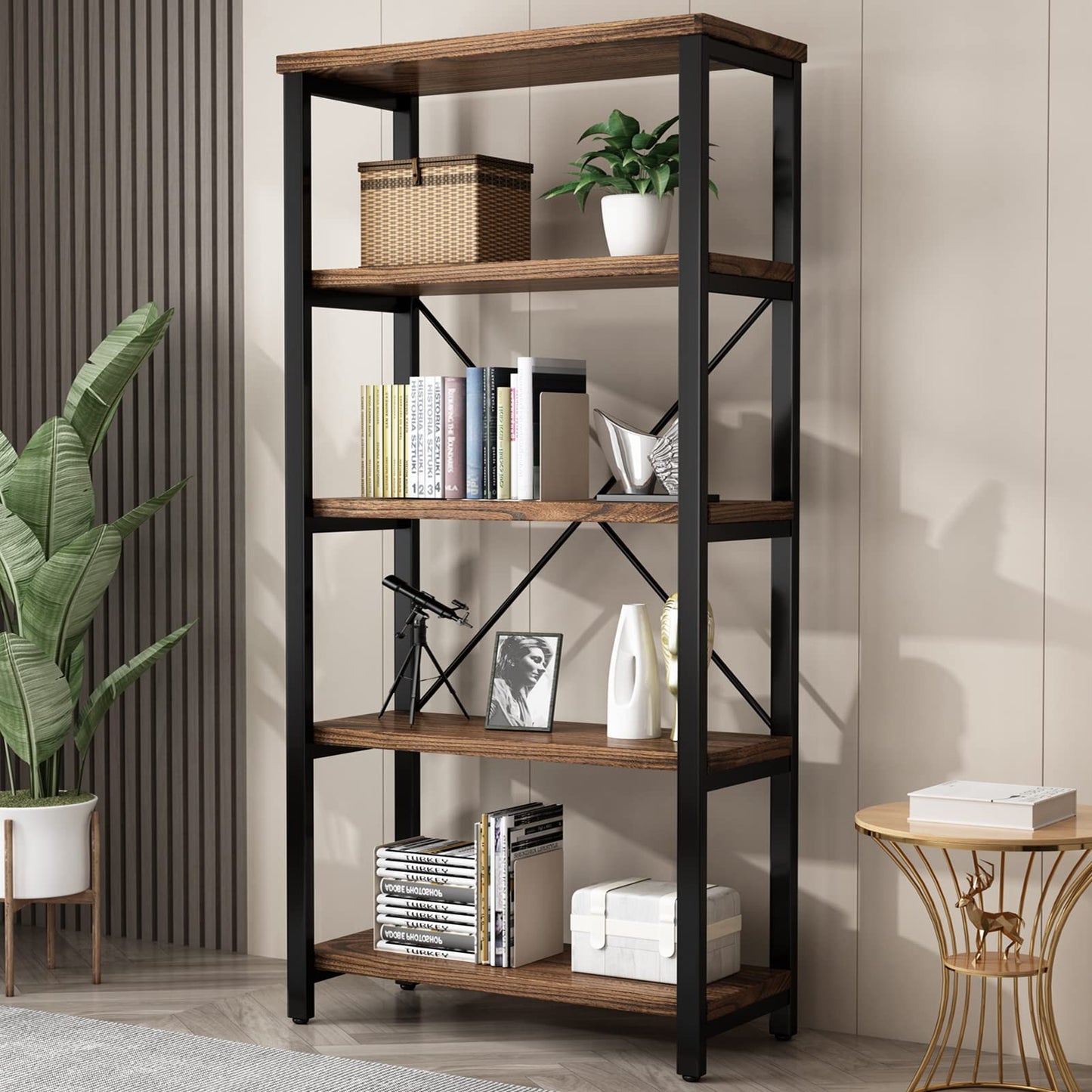 5-Tier Industrial Wood & Metal Bookcase