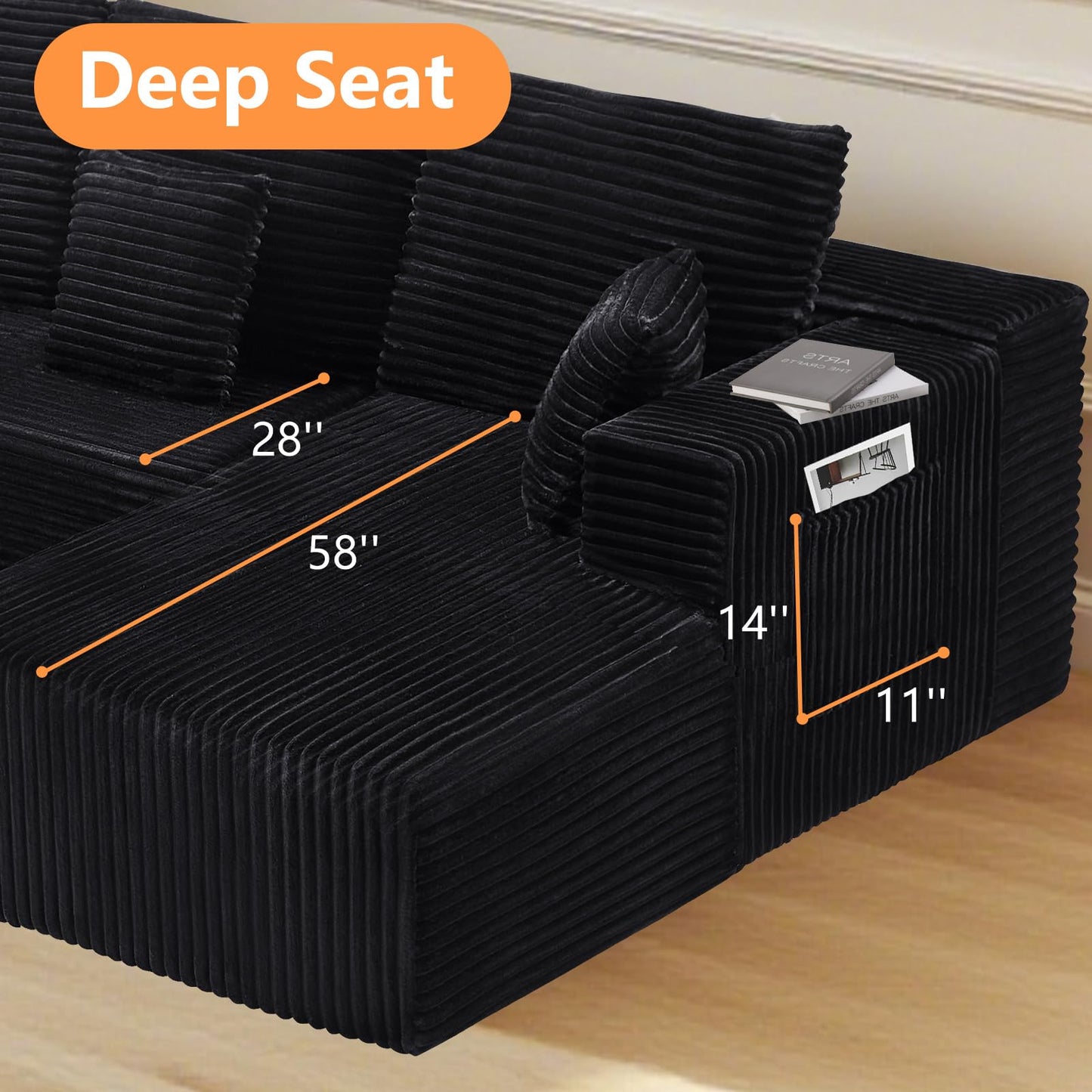106" L-Shaped Corduroy Sofa – Black