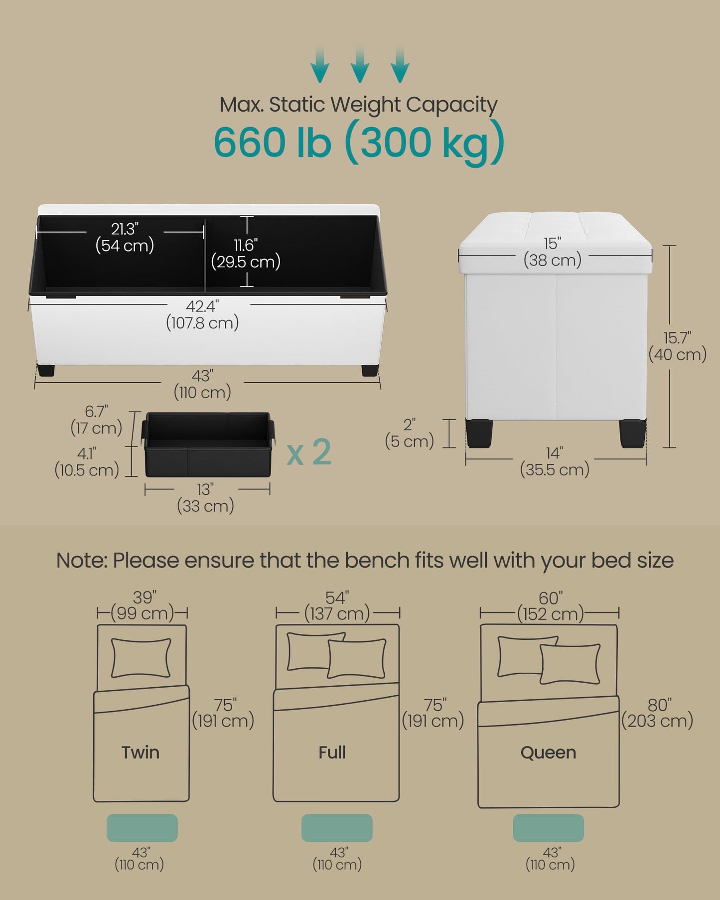 SONGMICS 15"x43"x15.7" Storage Ottoman Bench