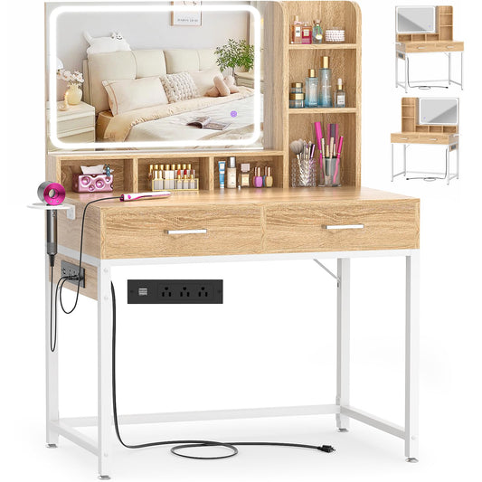 Small Vanity Desk with Mirror, Lights & Storage