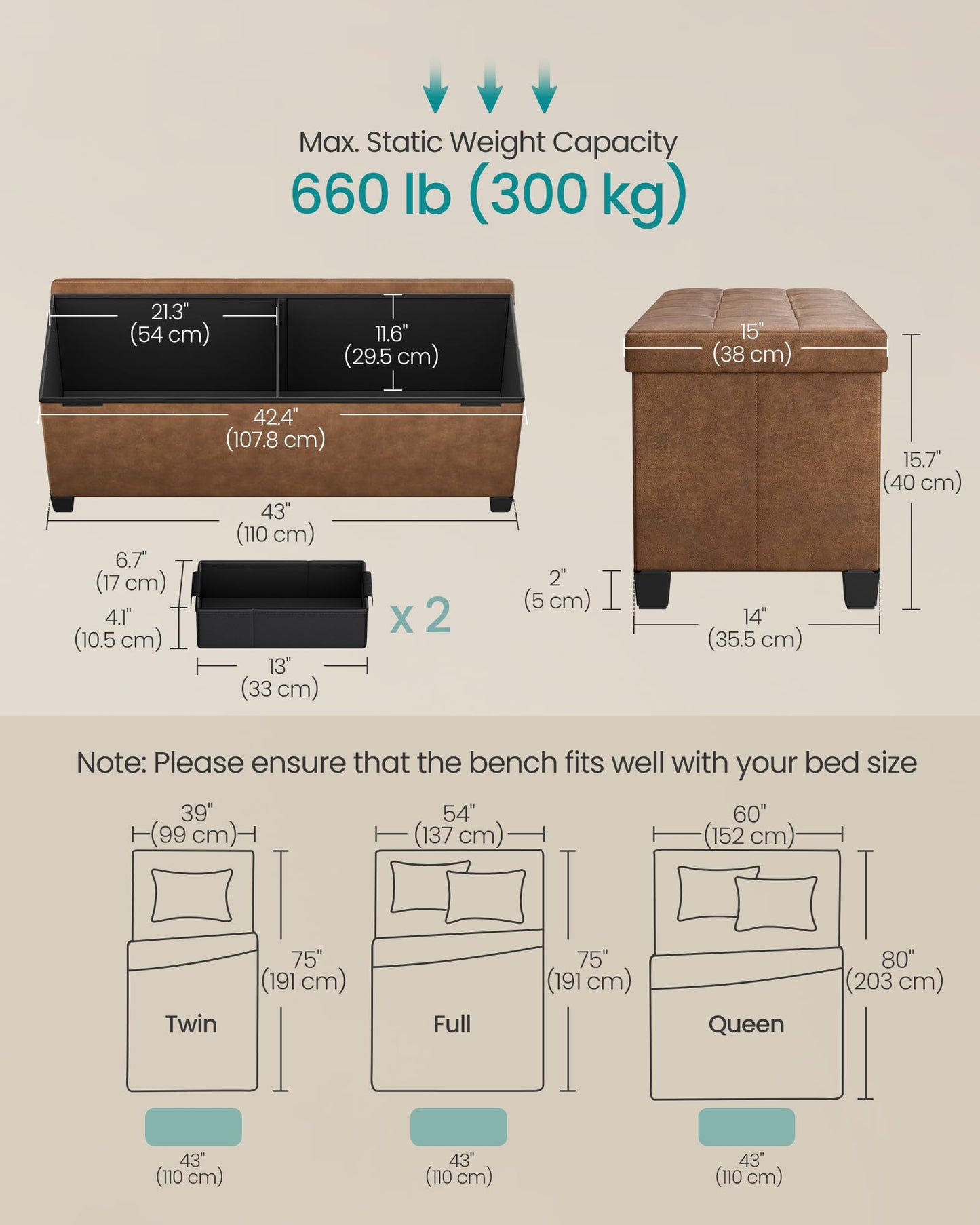 SONGMICS 15"x43"x15.7" Storage Ottoman Bench