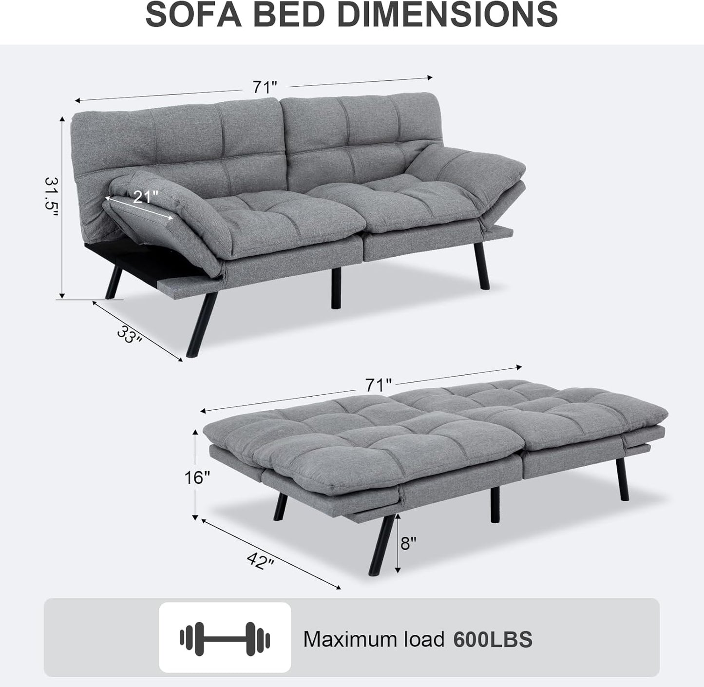 Vipbear Grey Futon Sofa Bed 71"