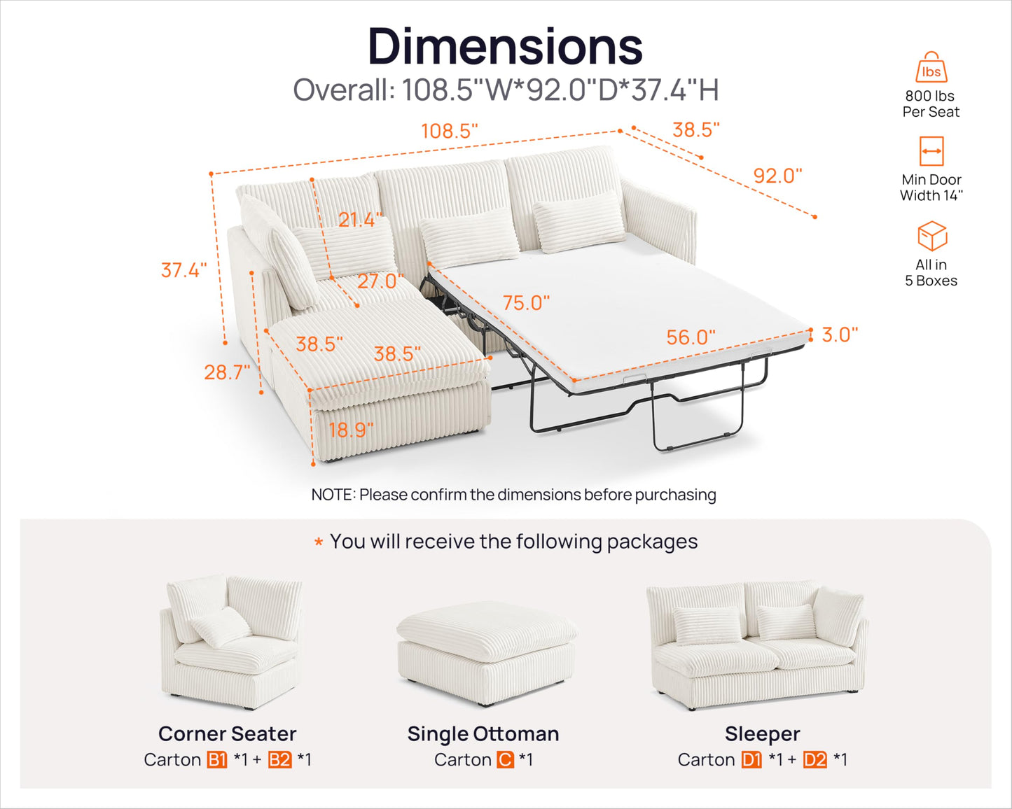 L-Shaped Sofa Bed with Ottoman – Beige