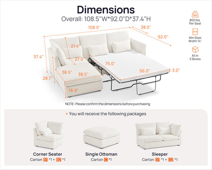 L-Shaped Sofa Bed with Ottoman – Beige