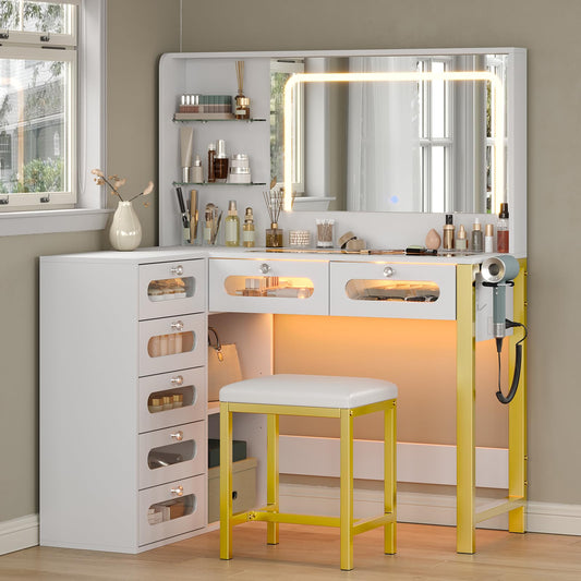 Modern Vanity Desk with Mirror, Lights & Storage
