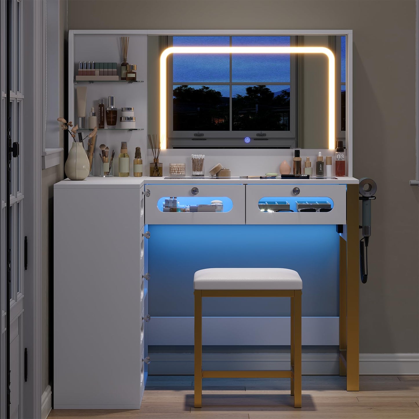 Modern Vanity Desk with Mirror, Lights & Storage