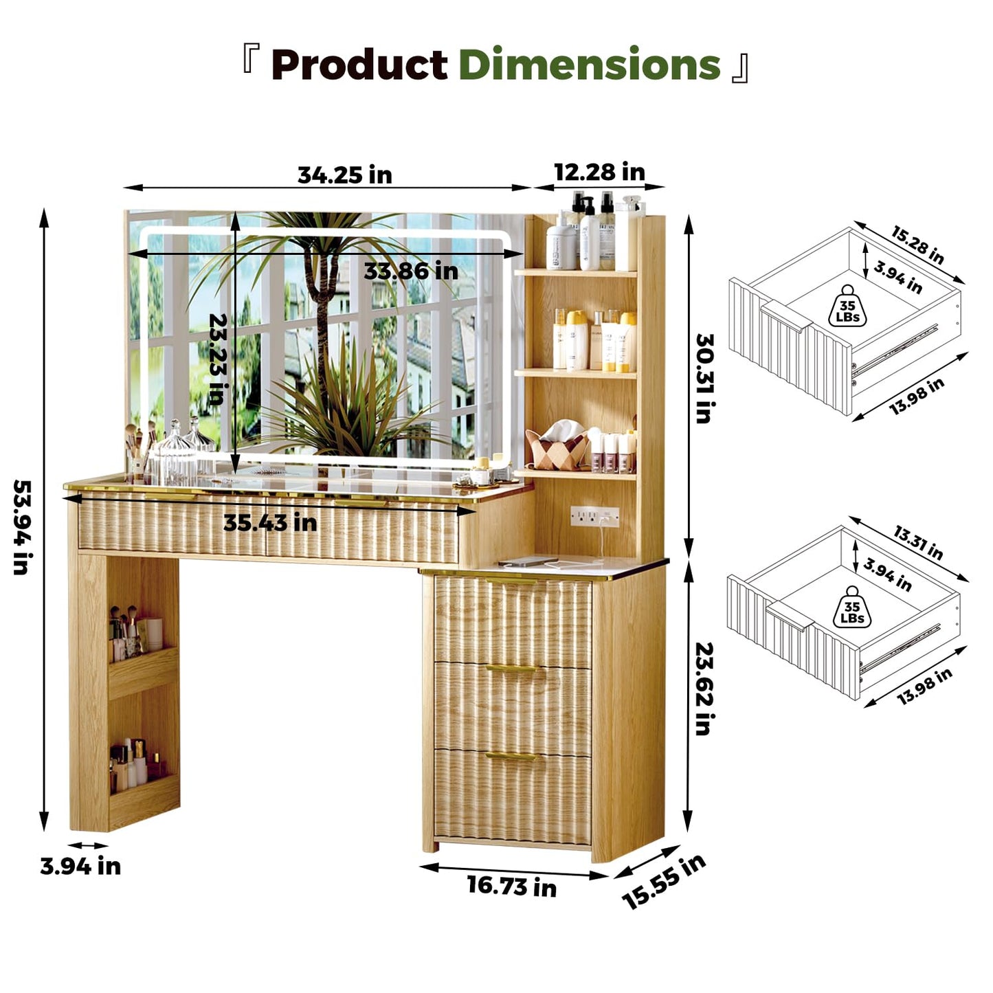 Vanity Desk with Mirror & Lights, Oak