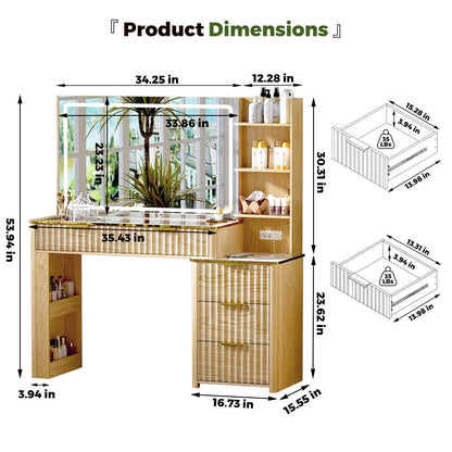 Vanity Desk with Mirror & Lights, Oak