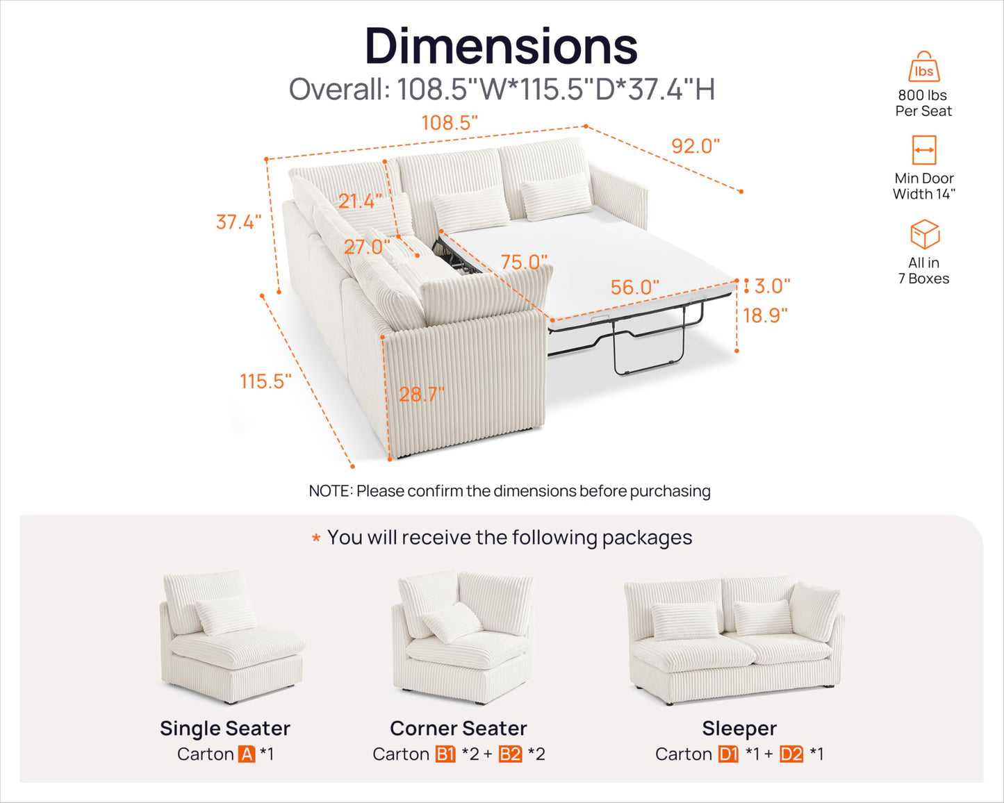 L-Shaped Sofa Bed with Ottoman – Beige