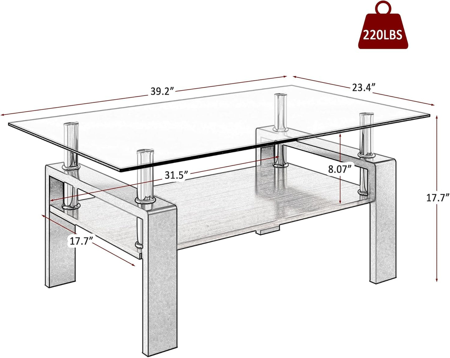 39.2" Glass Coffee Table – Gray/Black