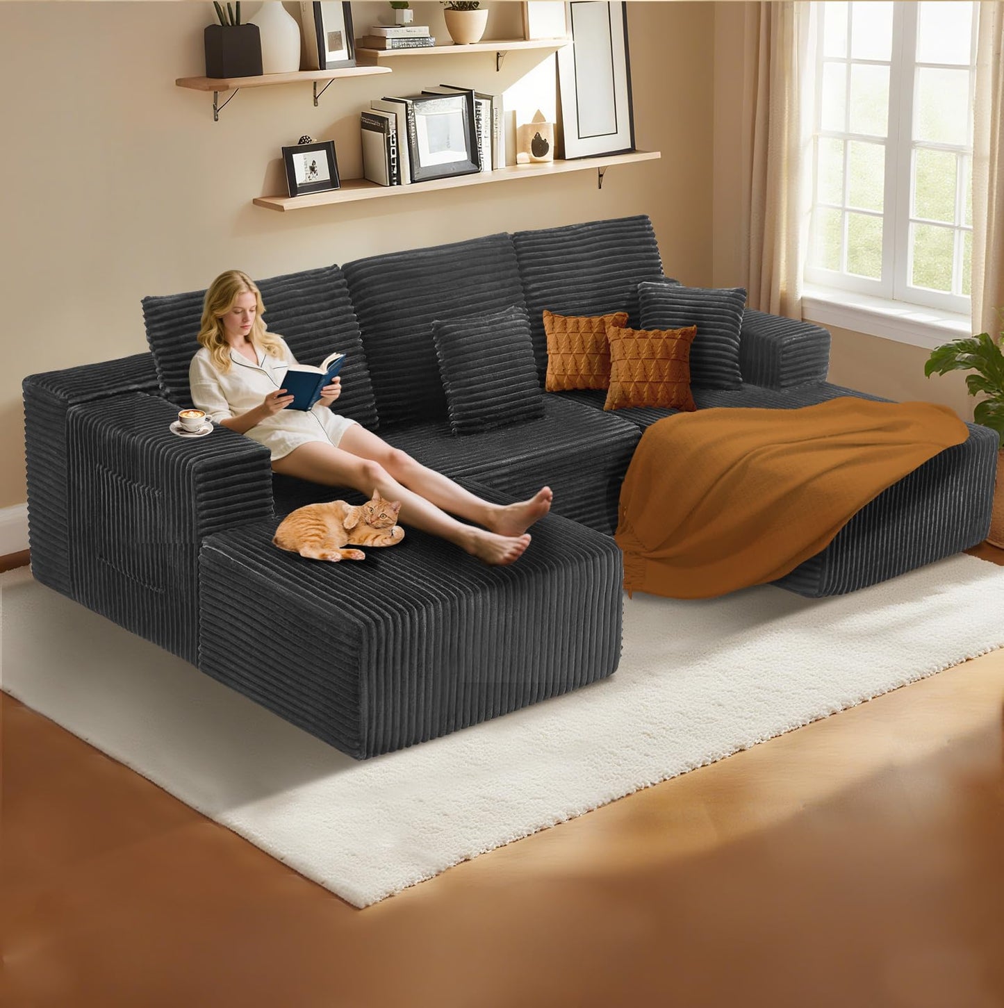 106" L-Shaped Corduroy Sofa – Black
