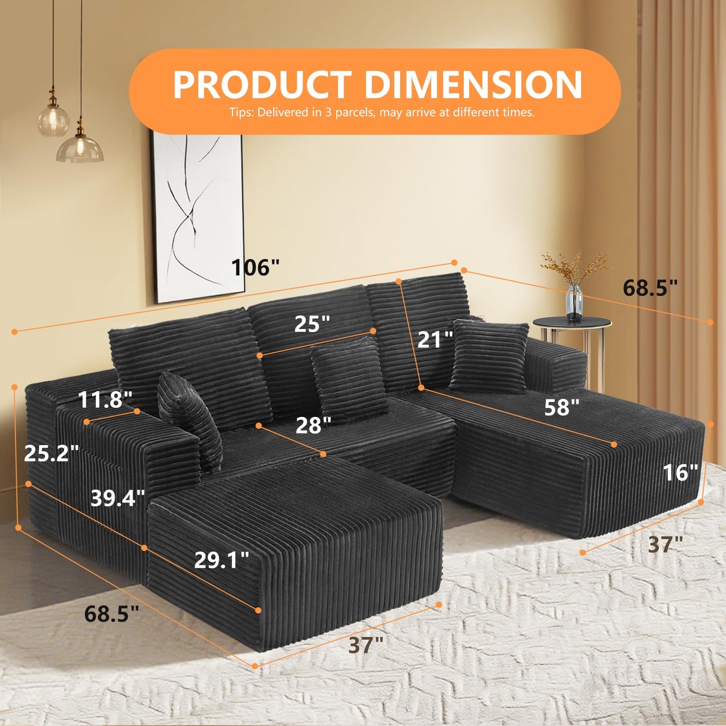 106" L-Shaped Corduroy Sofa – Black
