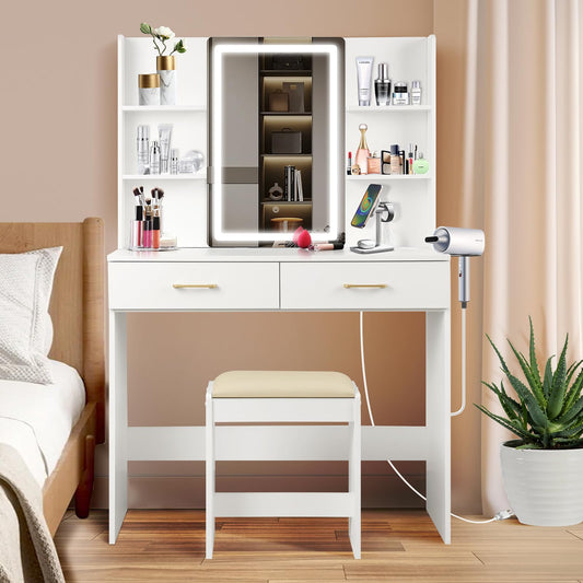 Vanity Desk Set with Mirror, Lights & Stool