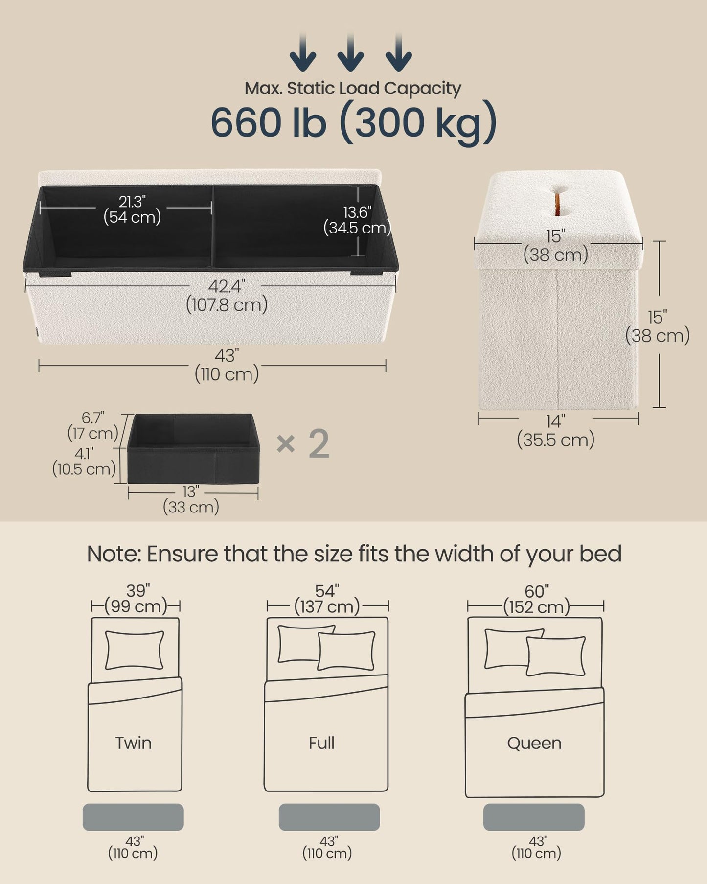 SONGMICS Storage Ottoman Bench, 15"x30"x15"