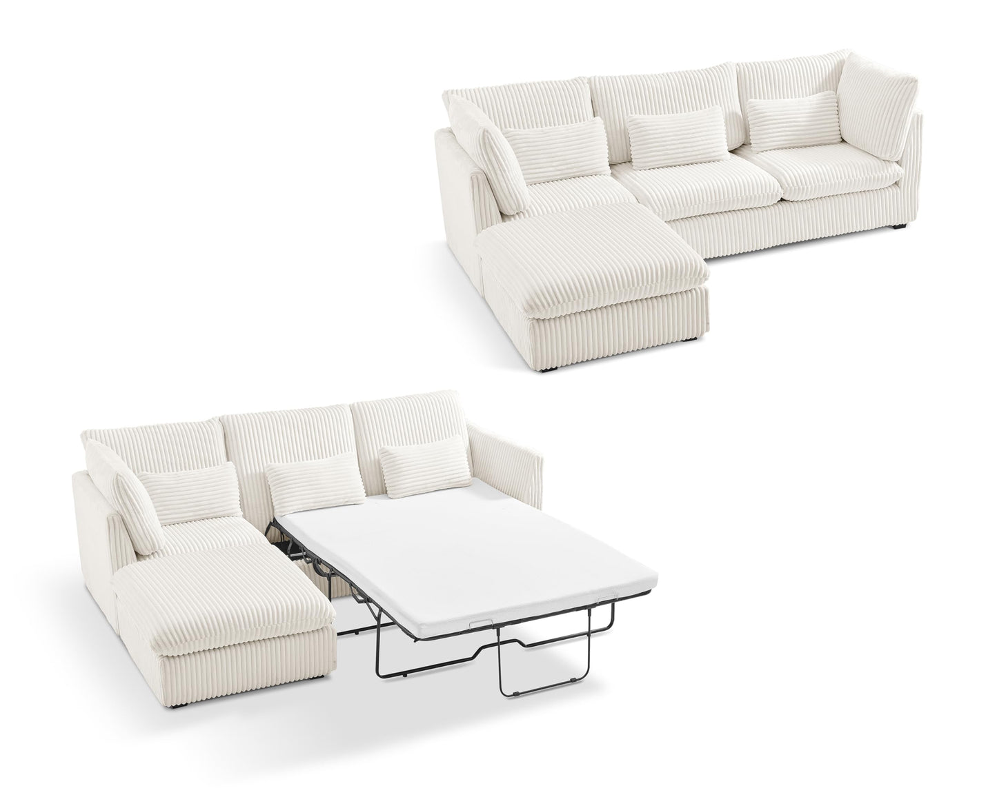 L-Shaped Sofa Bed with Ottoman – Beige