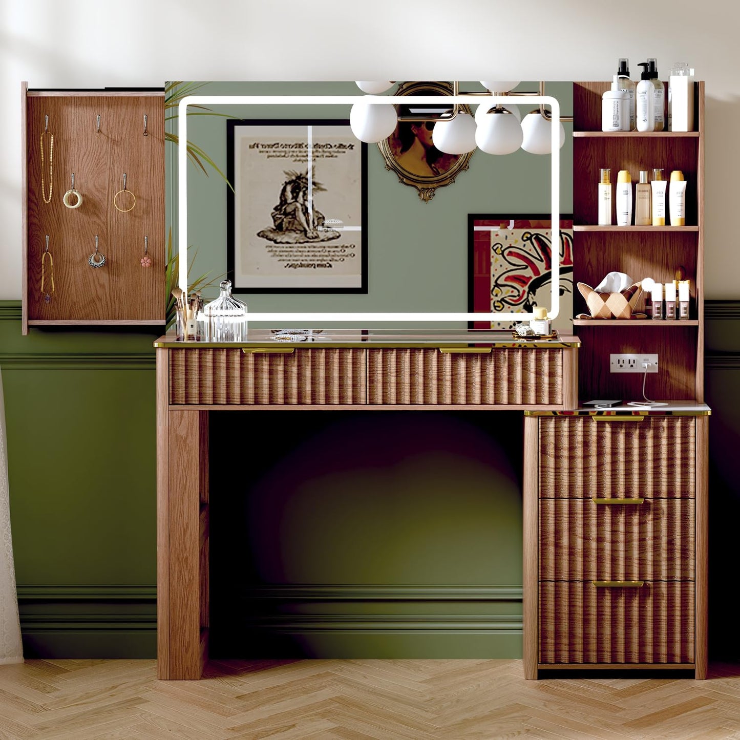Vanity Desk with Mirror & Lights, Oak