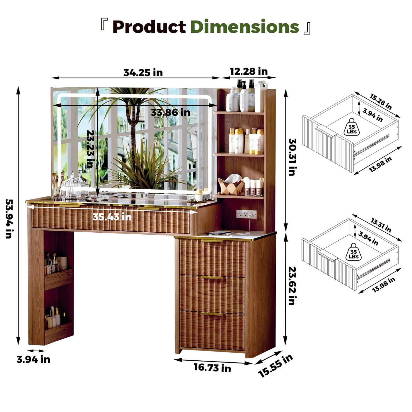 Vanity Desk with Mirror & Lights, Oak
