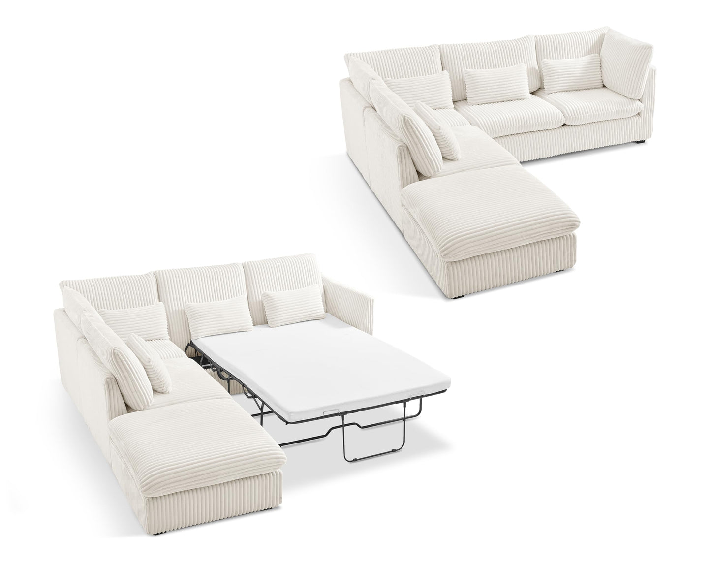 L-Shaped Sofa Bed with Ottoman – Beige