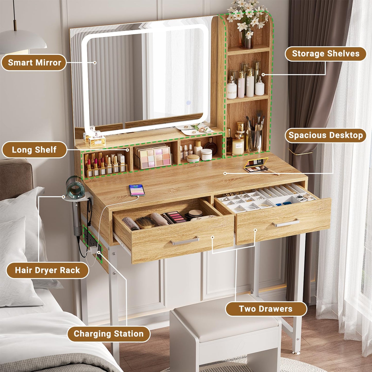 Small Vanity Desk with Mirror, Lights & Storage
