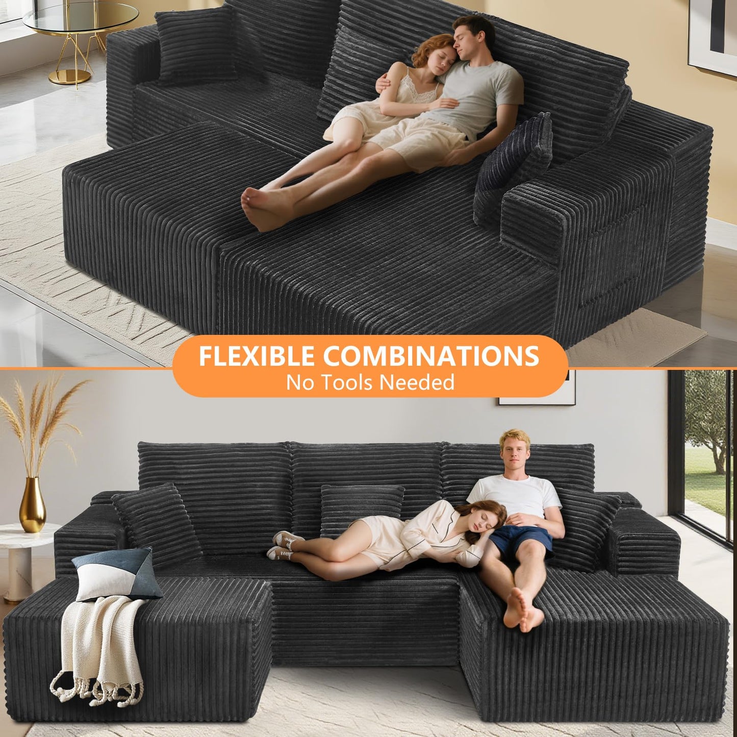 106" L-Shaped Corduroy Sofa – Black