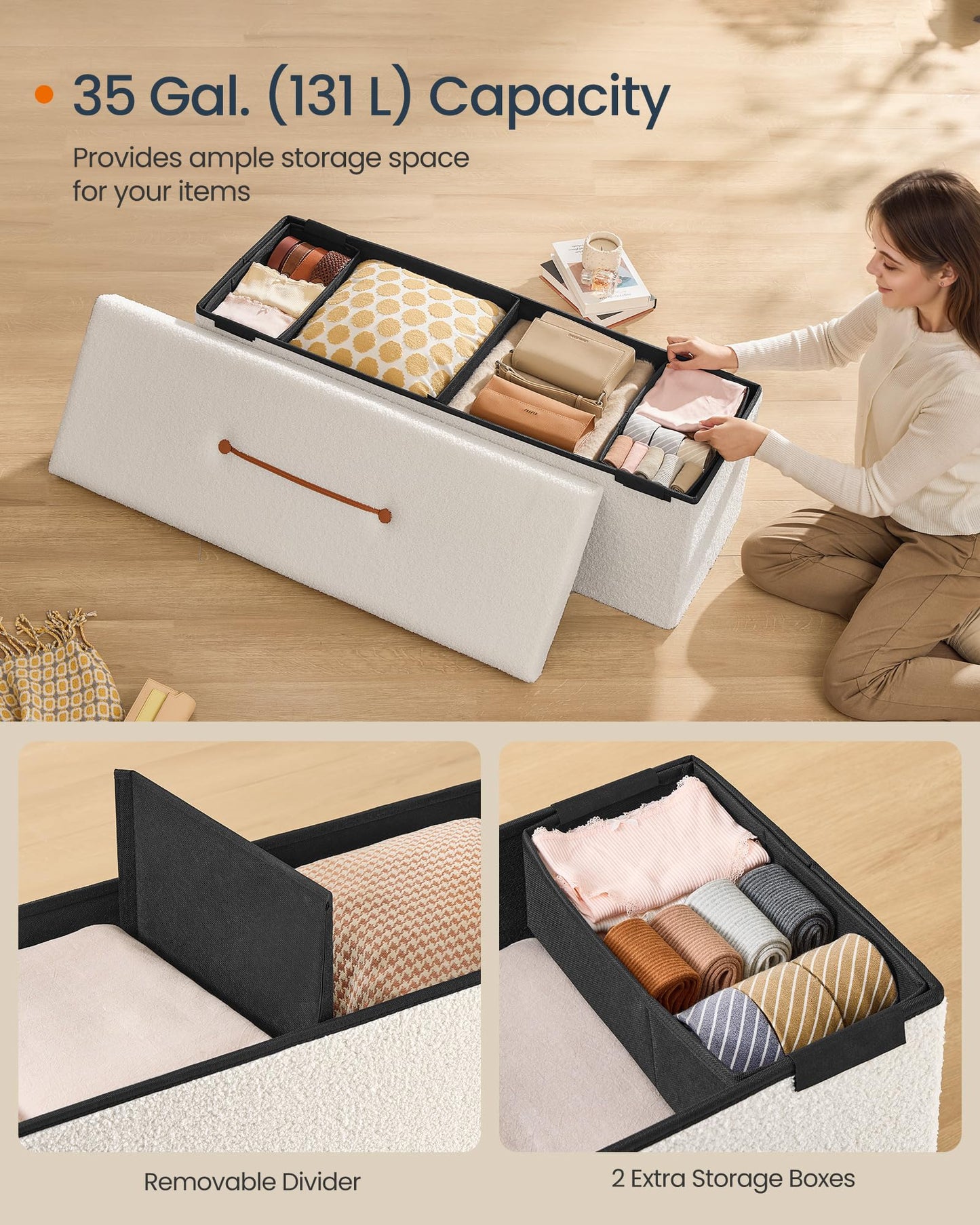 SONGMICS Storage Ottoman Bench, 15"x30"x15"