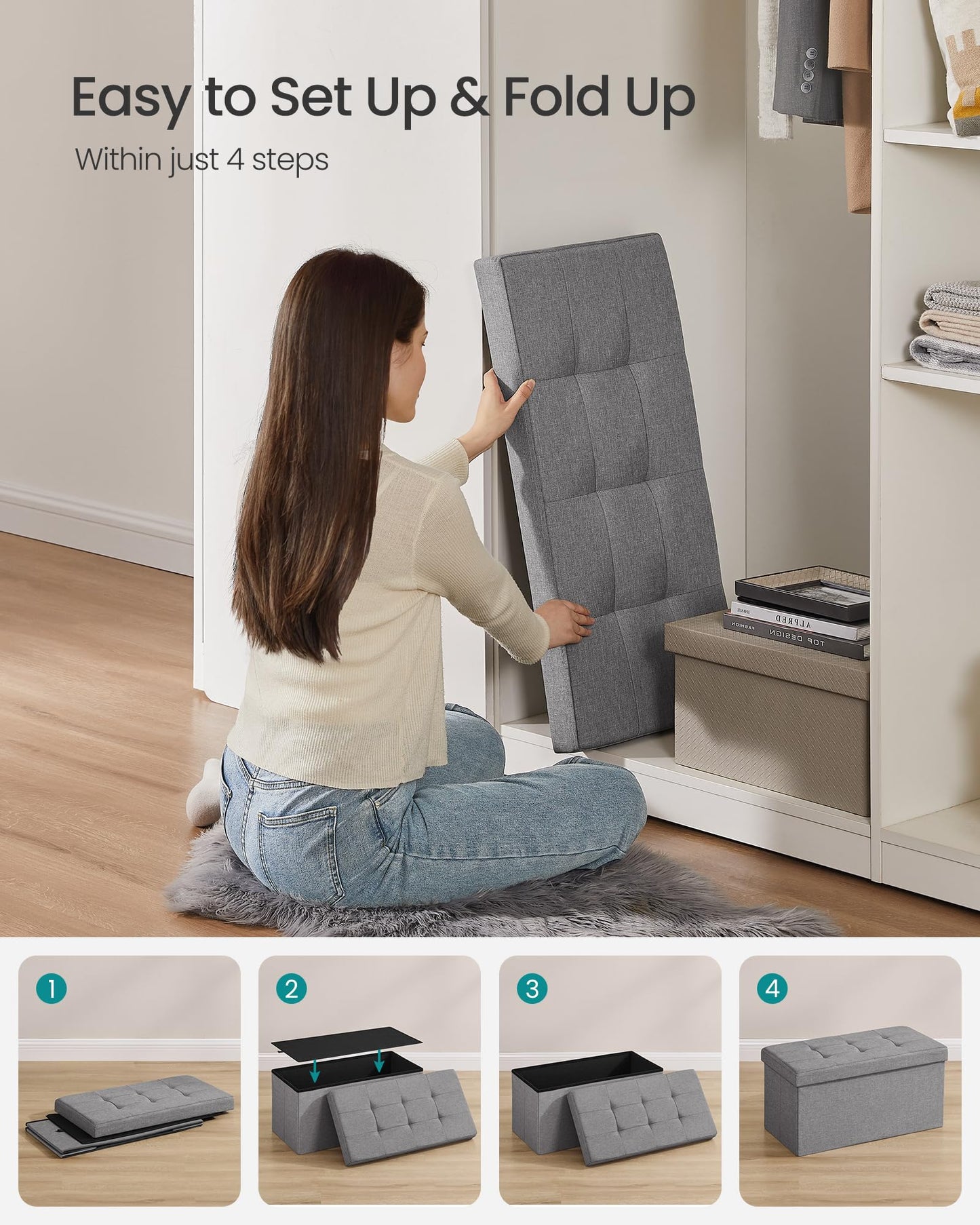 SONGMICS MAZIE 43" Folding Storage Ottoman Bench