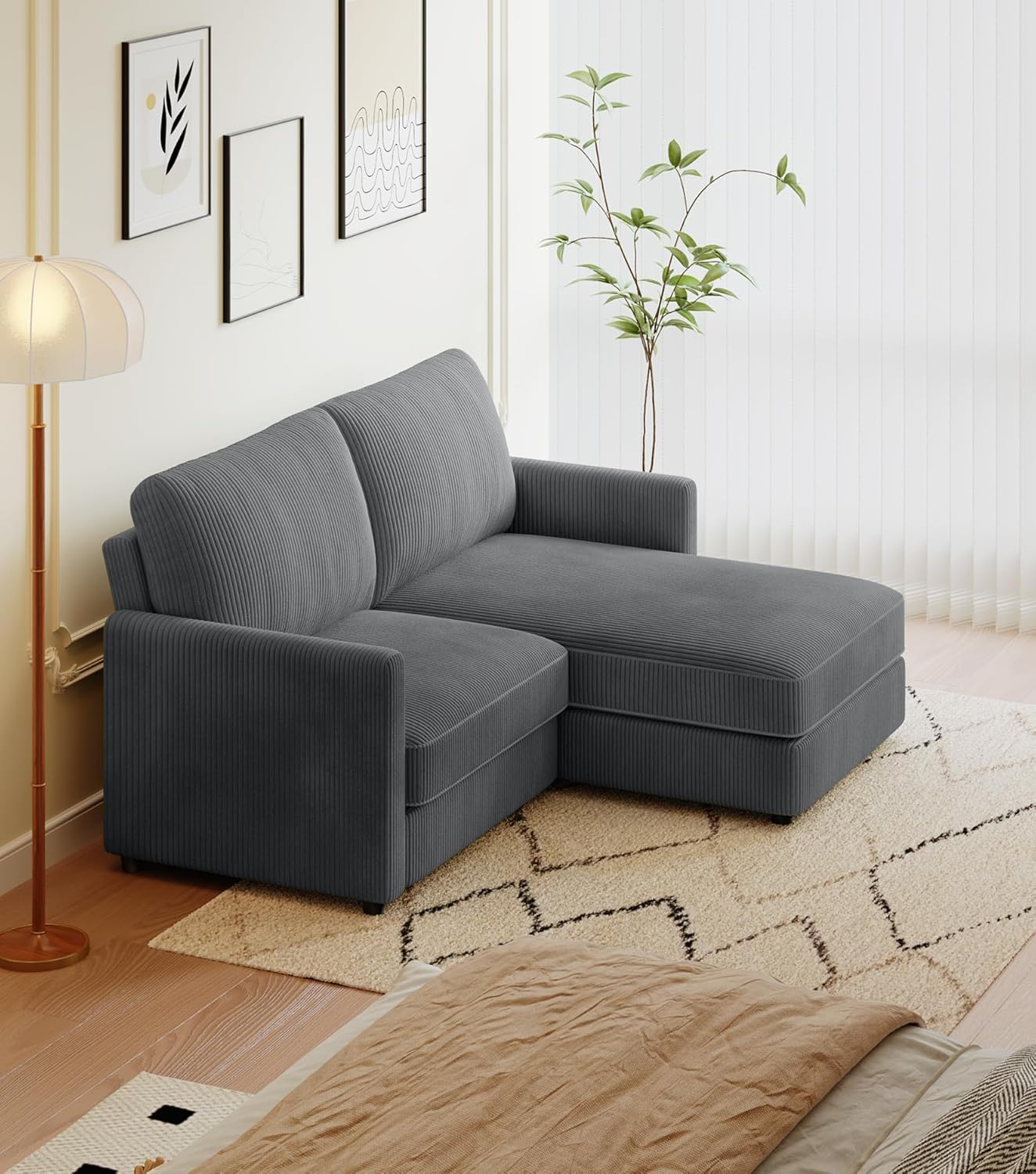 71" L-Shaped Green Corduroy Sofa