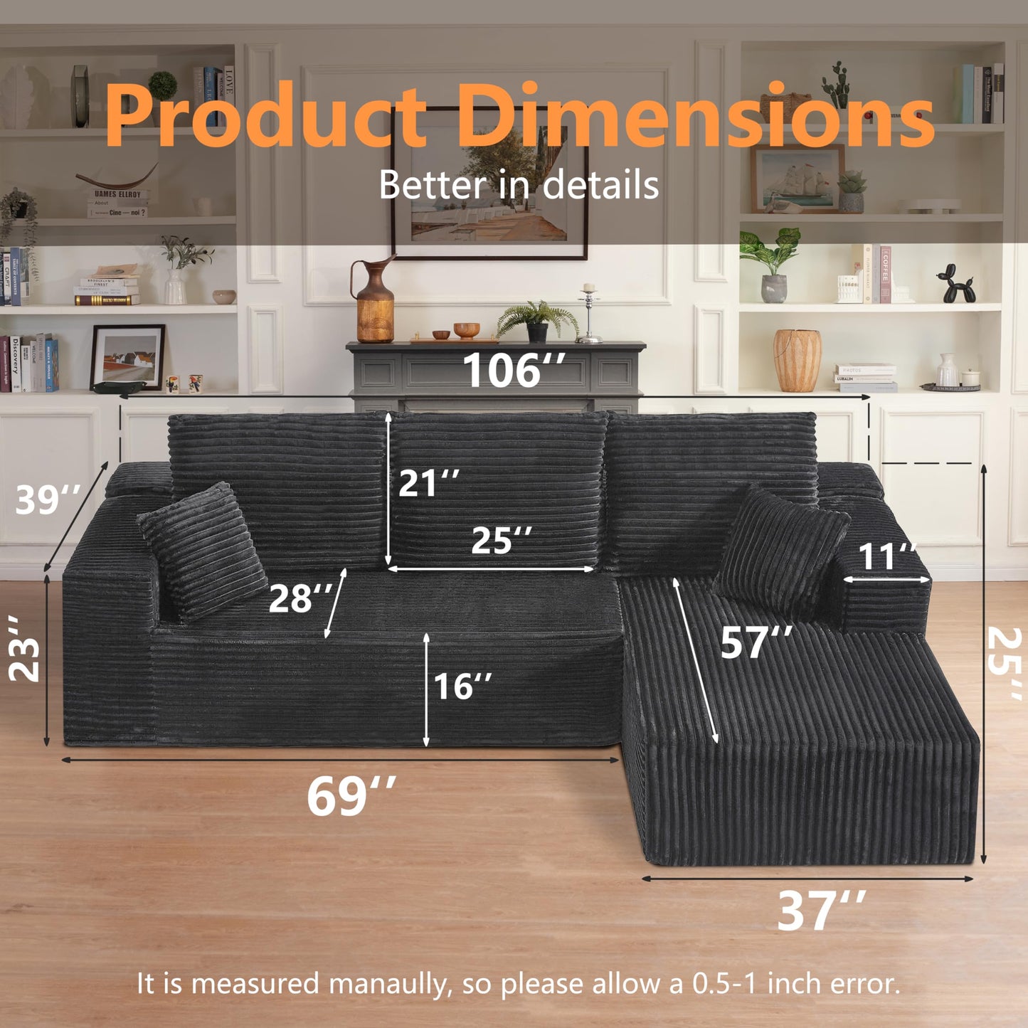 106" L-Shaped Corduroy Sofa – Black