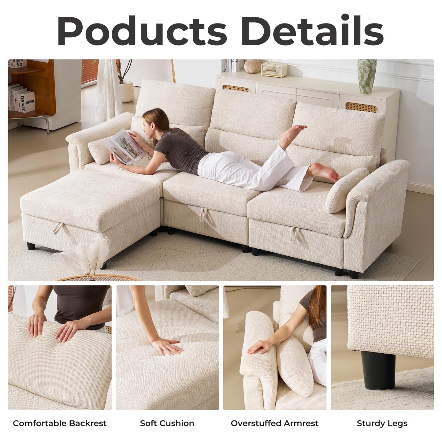 132" U-Shaped Sofa, 6-Seater Beige