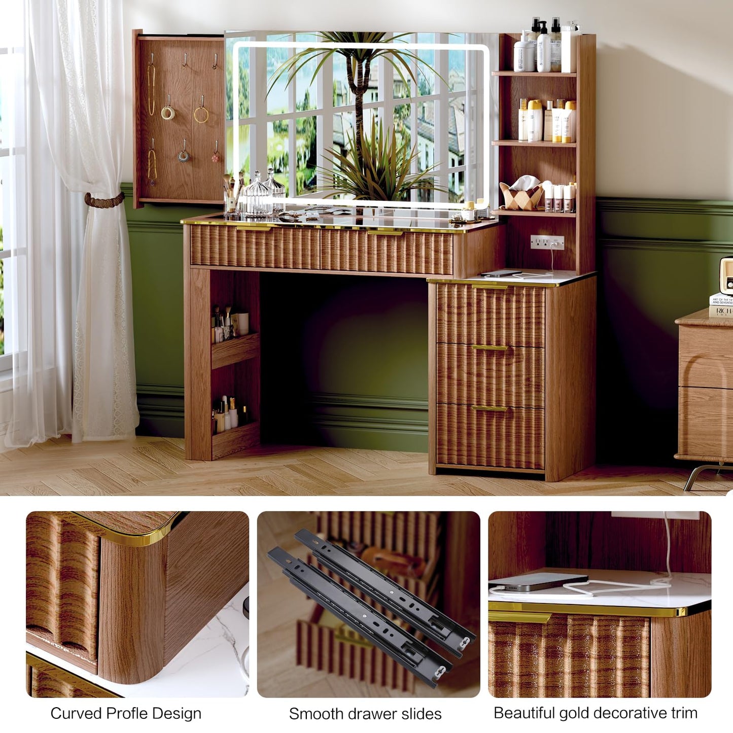 Vanity Desk with Mirror & Lights, Oak