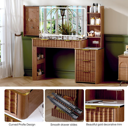 Vanity Desk with Mirror & Lights, Oak