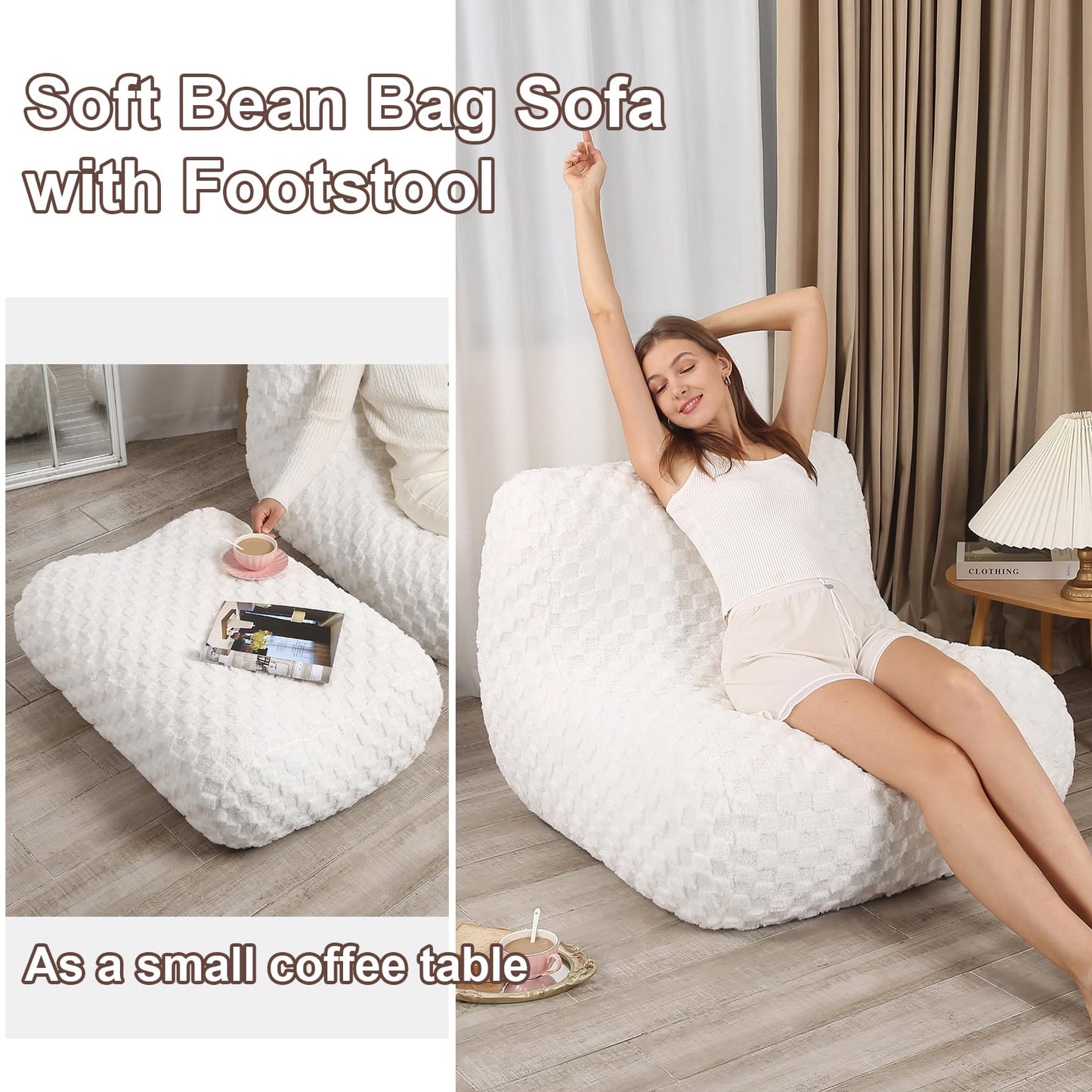 Cream Bean Bag Chair with Footstool