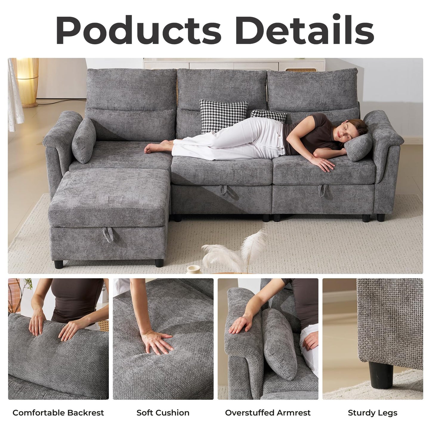 132" U-Shaped Sofa, 6-Seater Beige