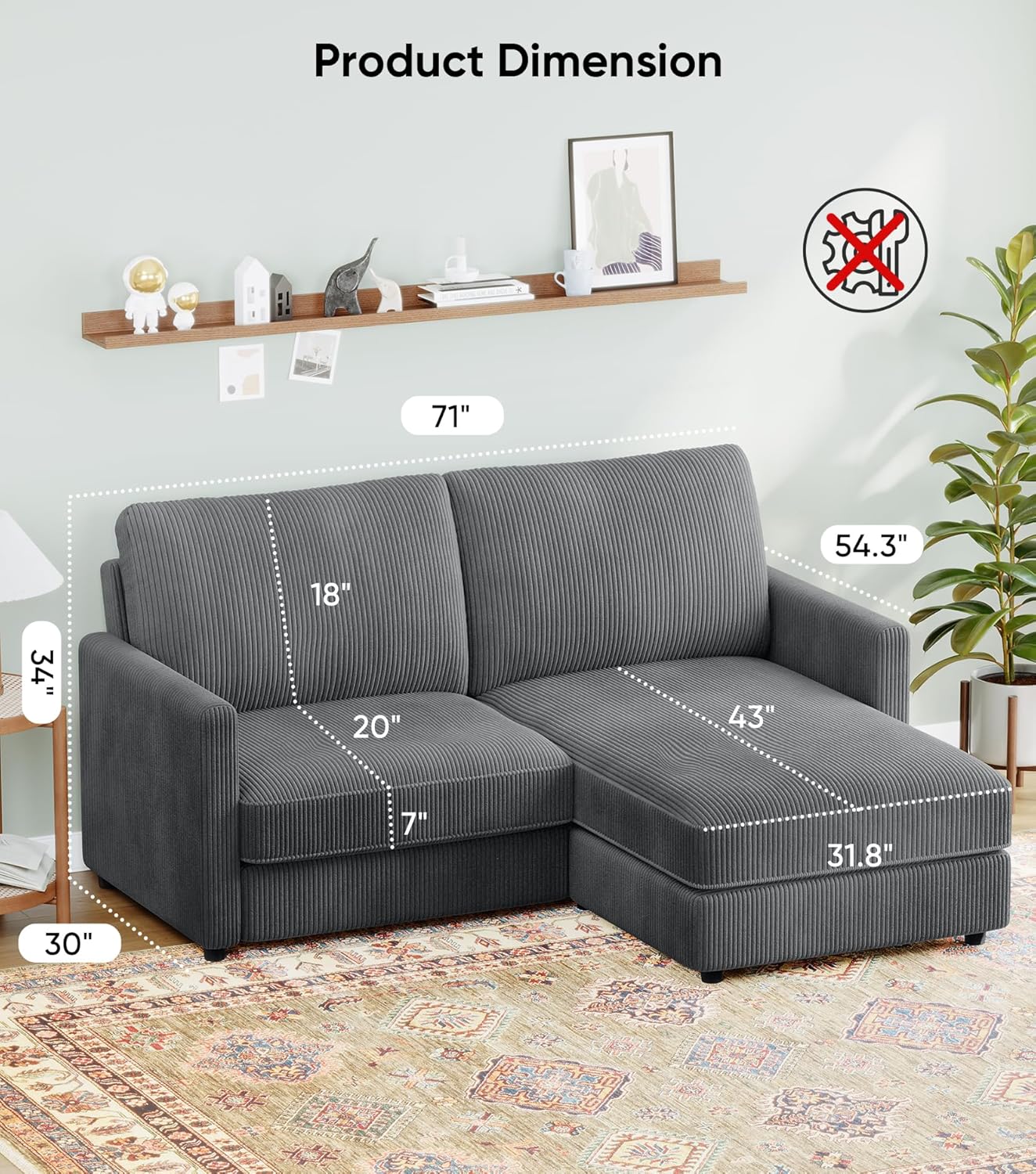 71" L-Shaped Green Corduroy Sofa