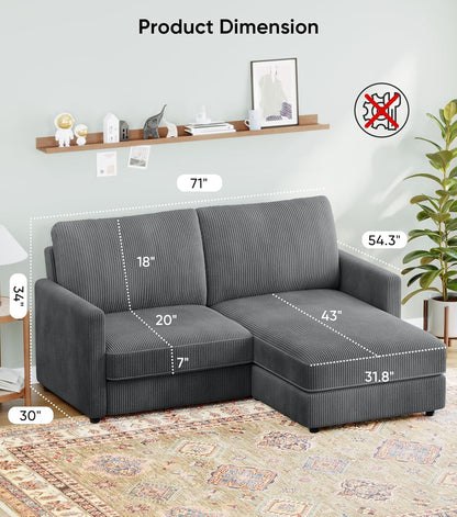 71" L-Shaped Green Corduroy Sofa