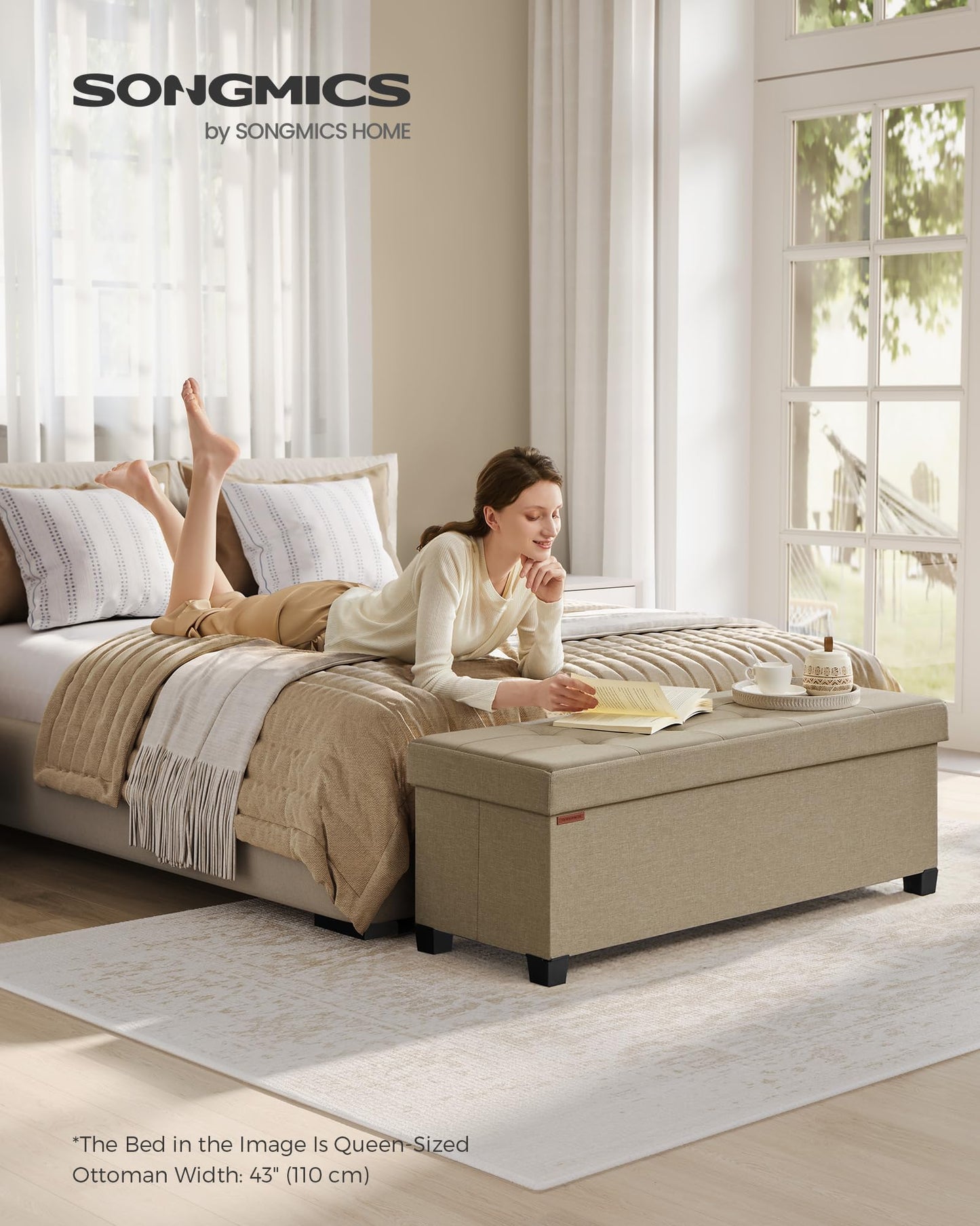 SONGMICS Foldable Storage Ottoman Bench, 15"x43"x15.7"