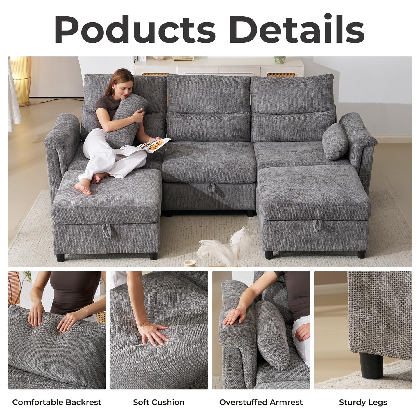 132" U-Shaped Sofa, 6-Seater Beige