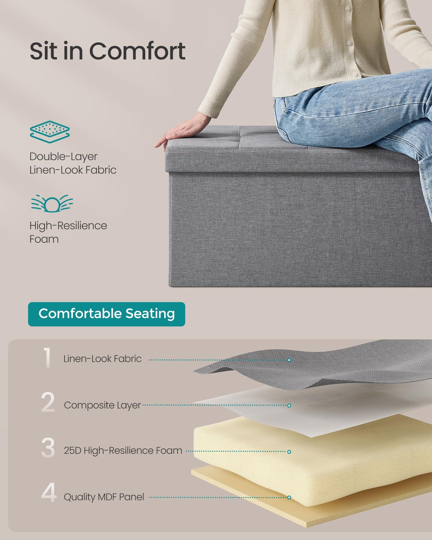 SONGMICS MAZIE 43" Folding Storage Ottoman Bench