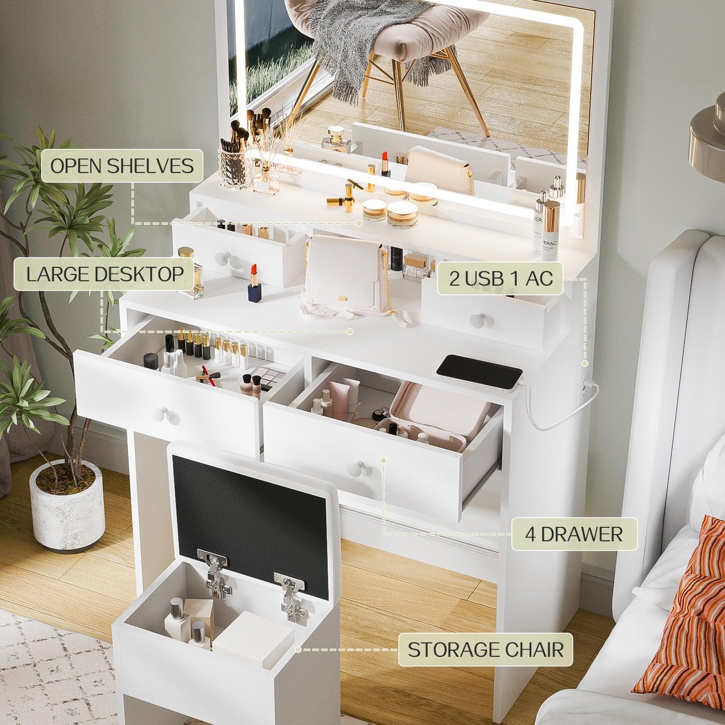 Haewon Vanity Desk Set with Mirror & LED Lights