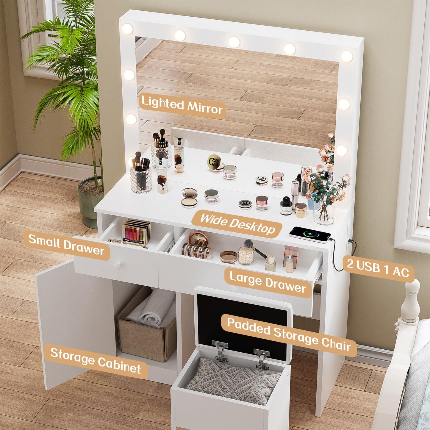 Haewon Vanity Desk Set with LED Lights