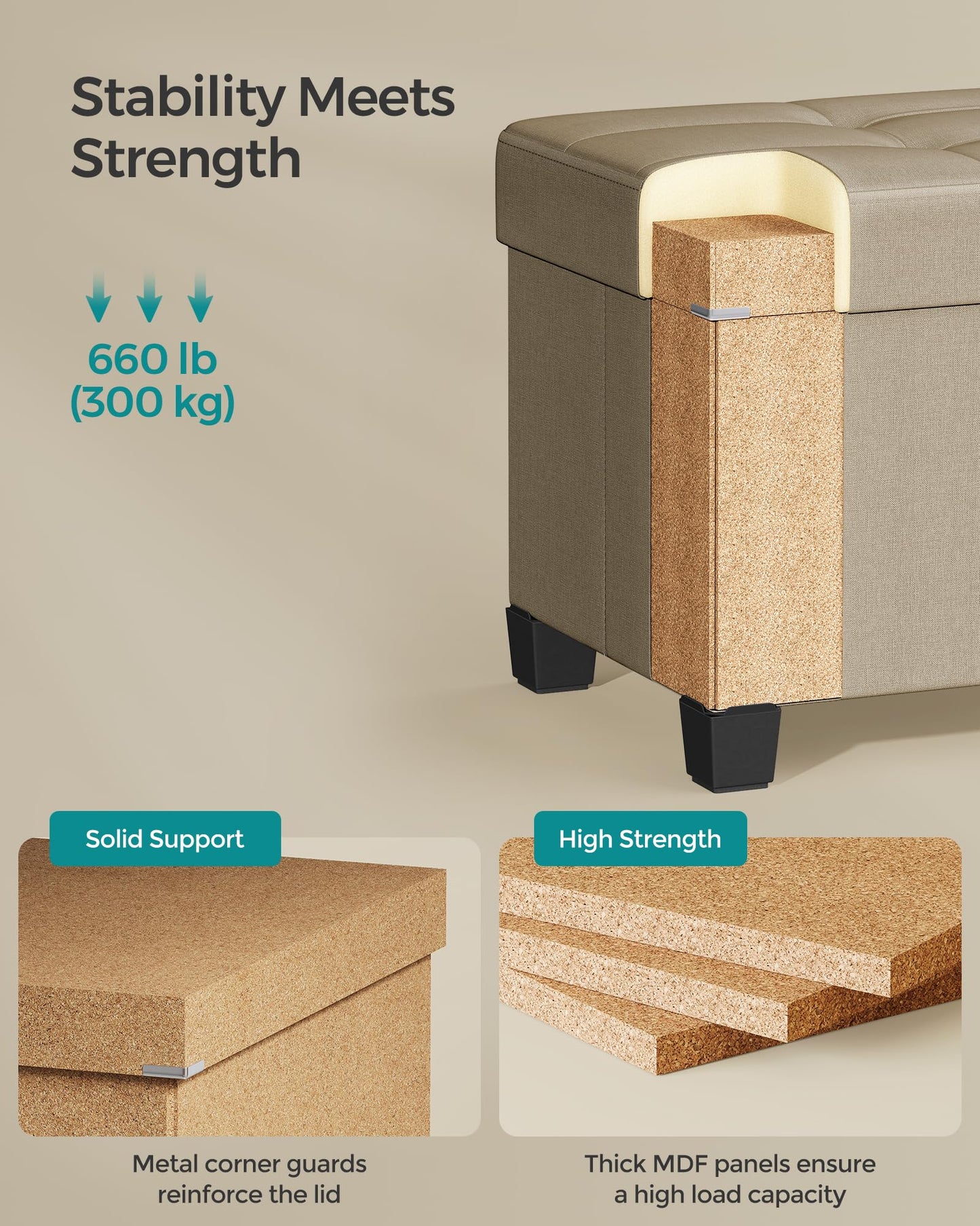 SONGMICS Foldable Storage Ottoman Bench, 15"x43"x15.7"