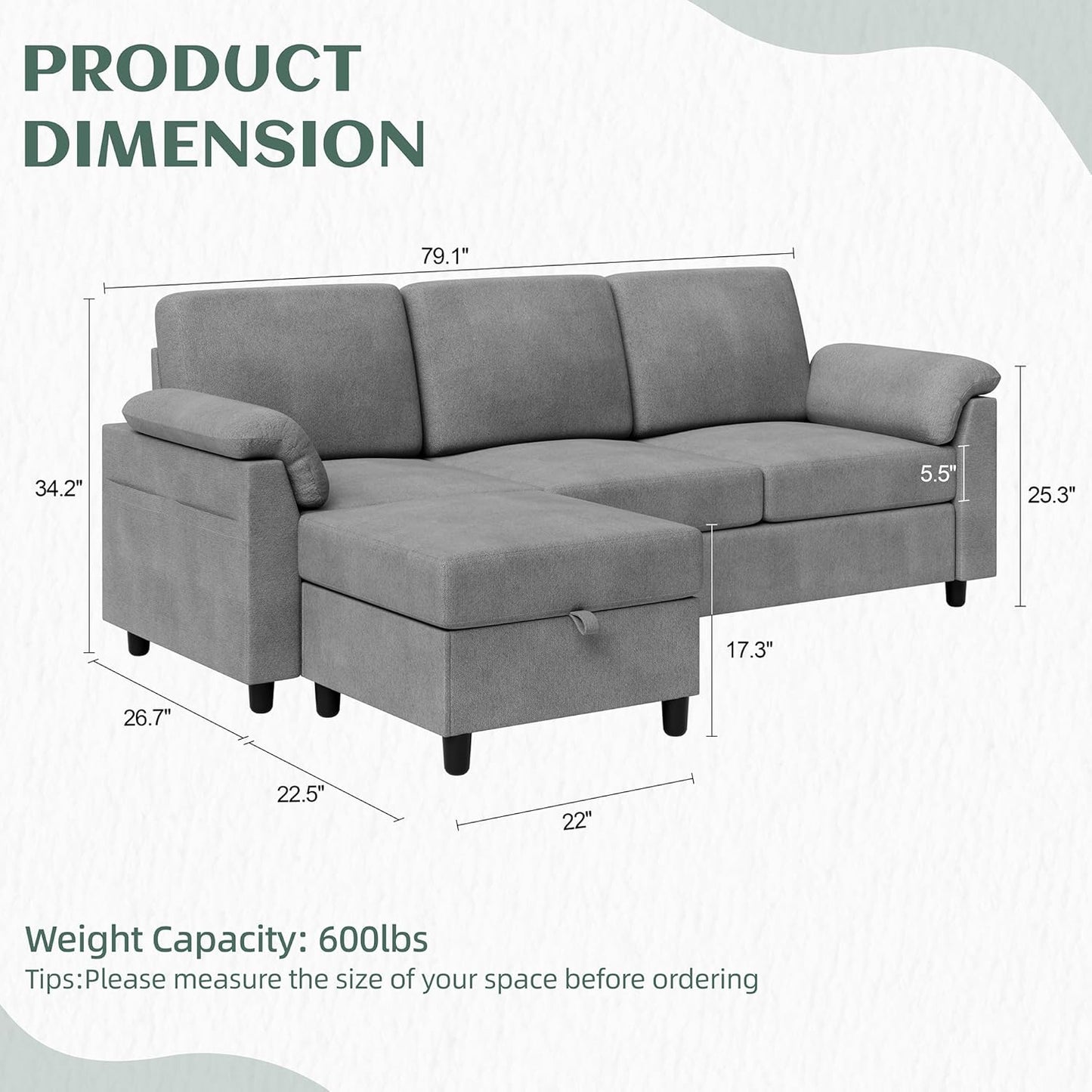 Vongrasig 79" L-Shaped Sofa, Grey