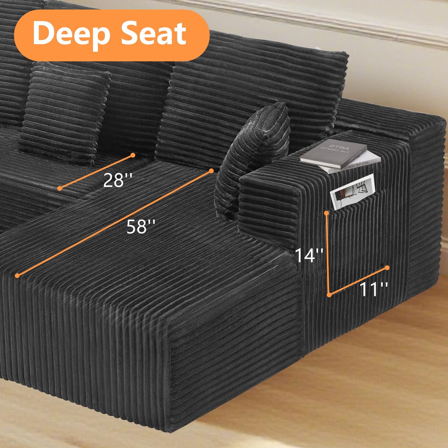 106" L-Shaped Corduroy Sofa – Black