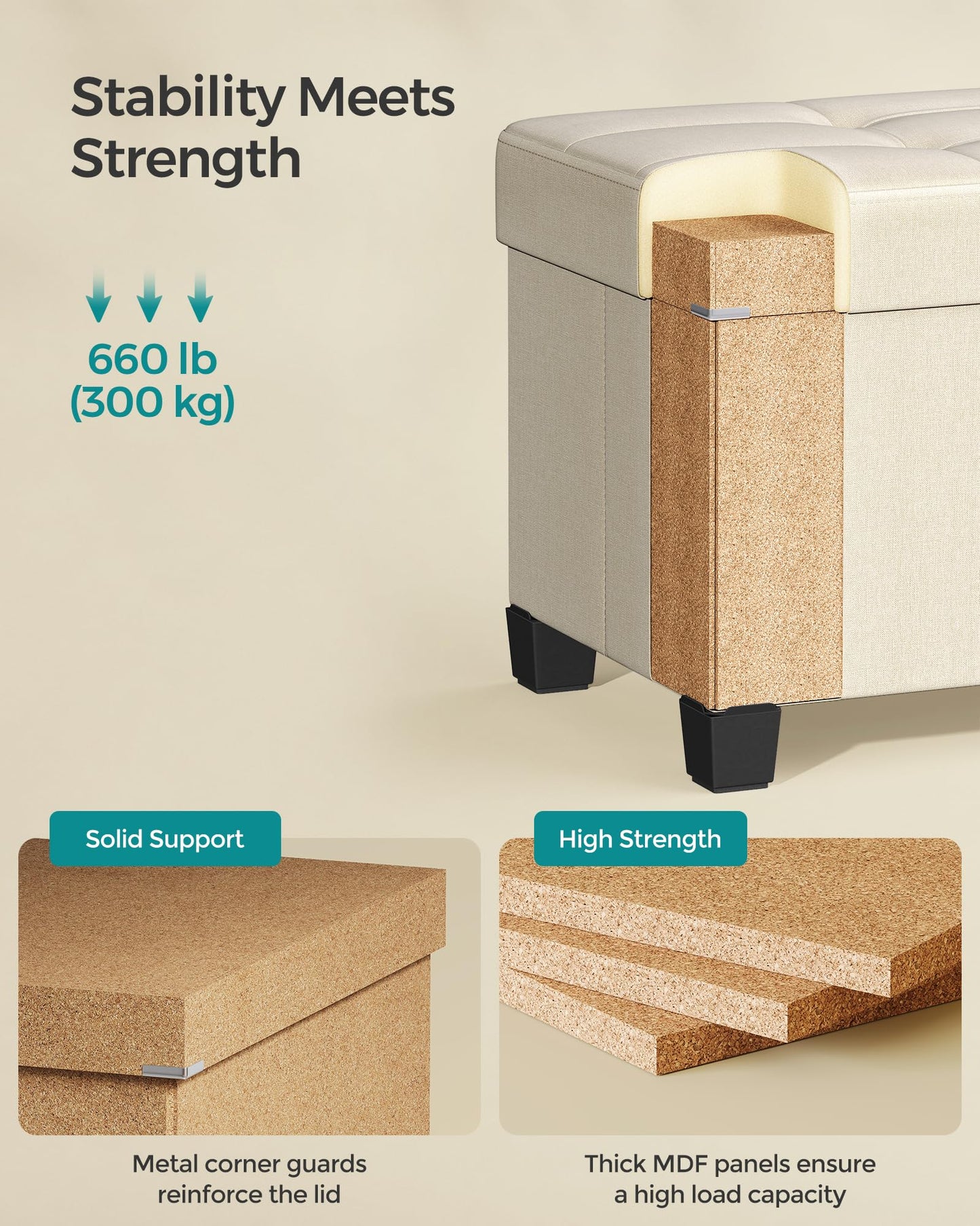SONGMICS Foldable Storage Ottoman Bench, 15"x43"x15.7"