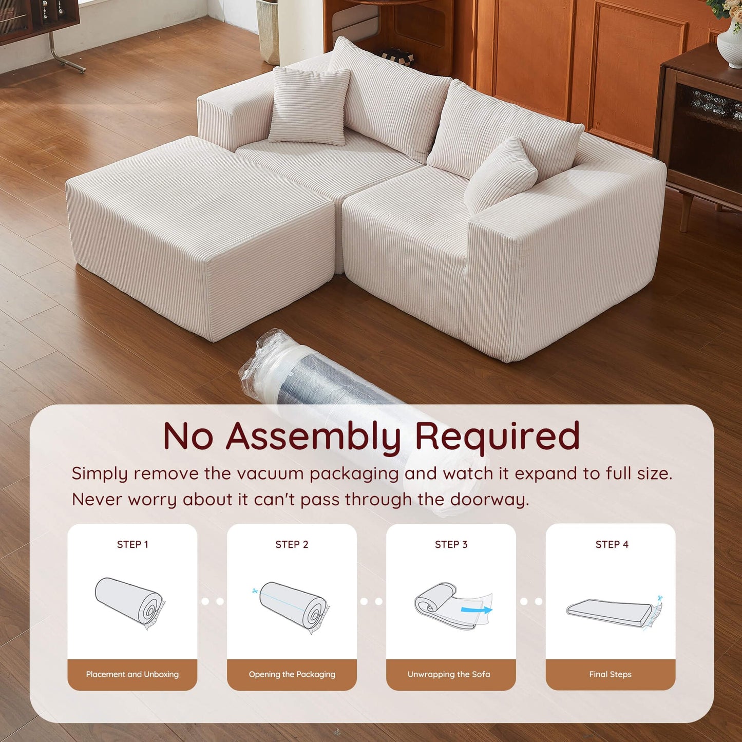 108" L-Shaped Sofa with Ottoman – Beige