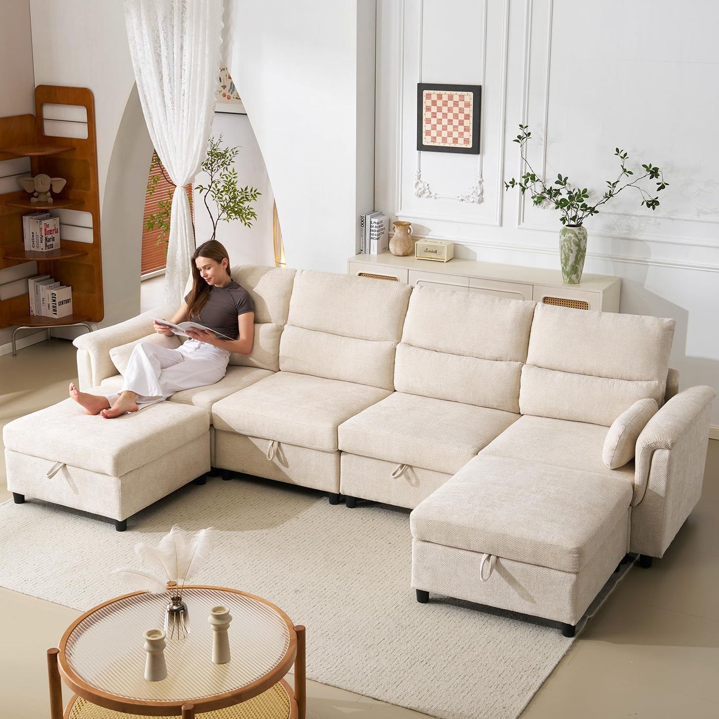 132" U-Shaped Sofa, 6-Seater Beige
